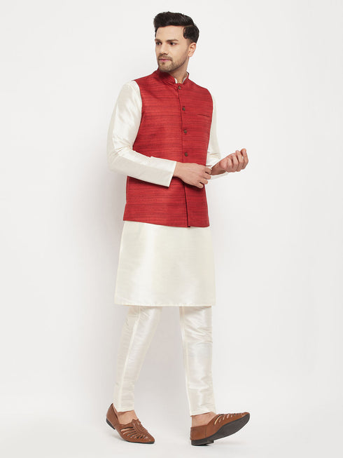 Vastramay  Men's Maroon Silk Blend Nehru Jacket